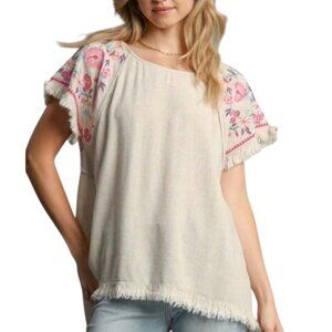 Umgee Linen Pullover Floral Embroidery Top, Oatmeal, XL